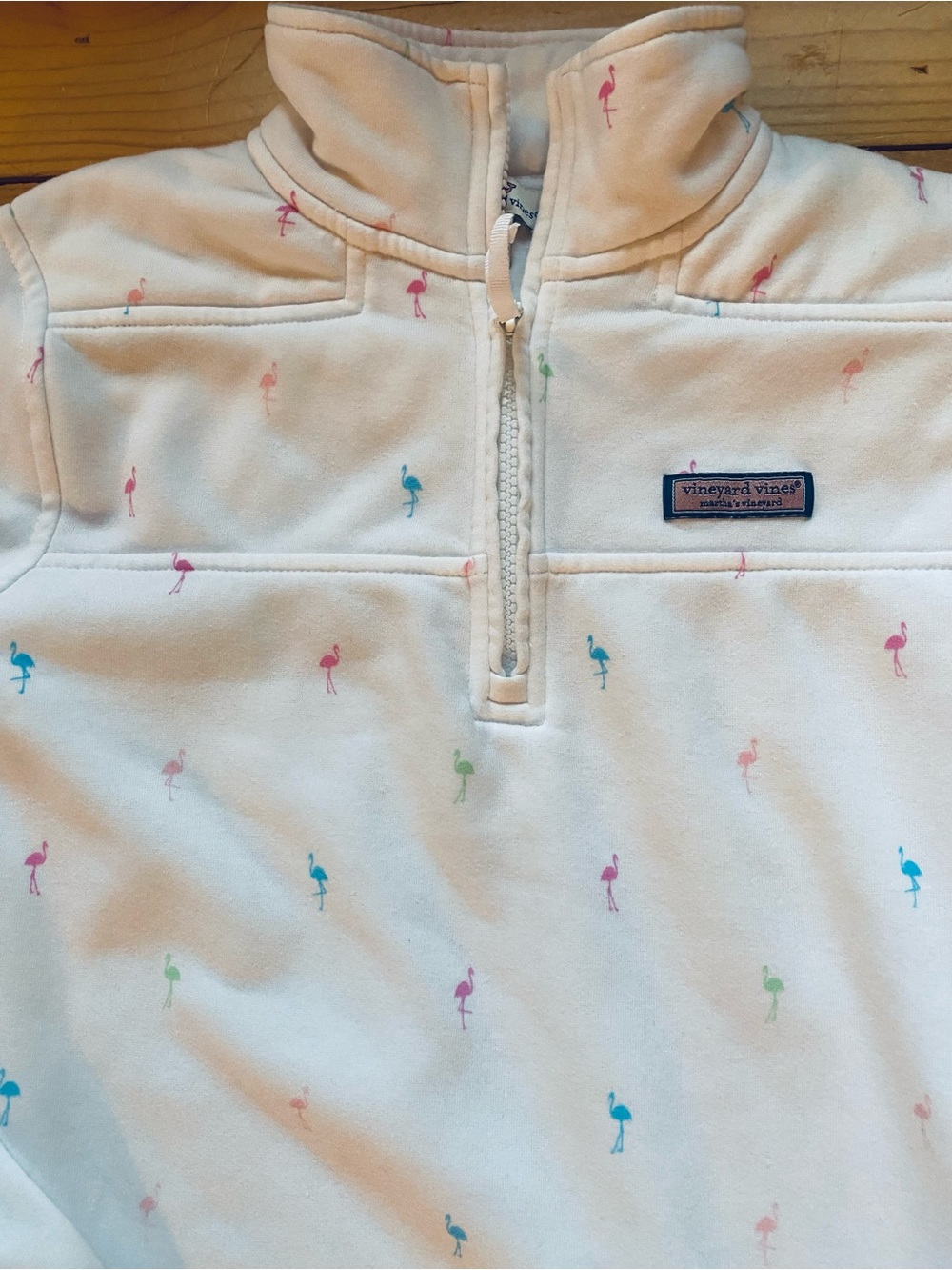 Vineyard Vines White Quarter-Zip Sweatshirt w/Pastel Flamingoes XS